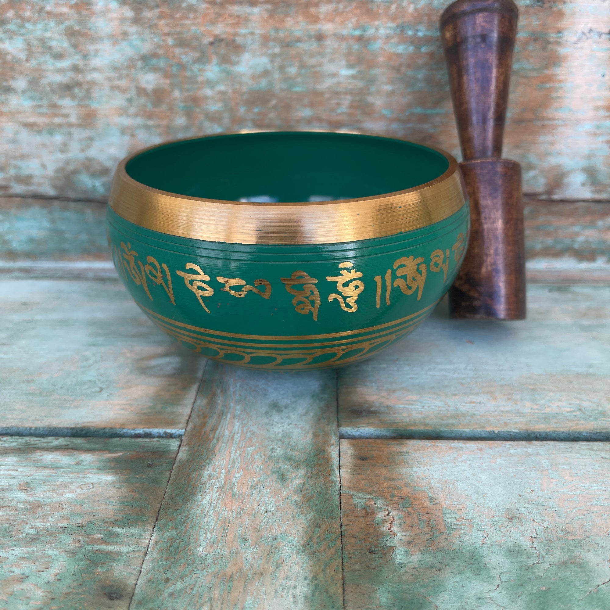 Hand Painted Green Tibetan Singing Bowl with Wooden Striker