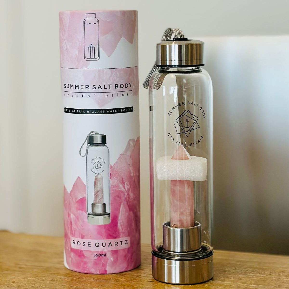 SUMMER SALT BODY Crystal Elixir Glass Water Bottle - Rose Quartz 550 ml